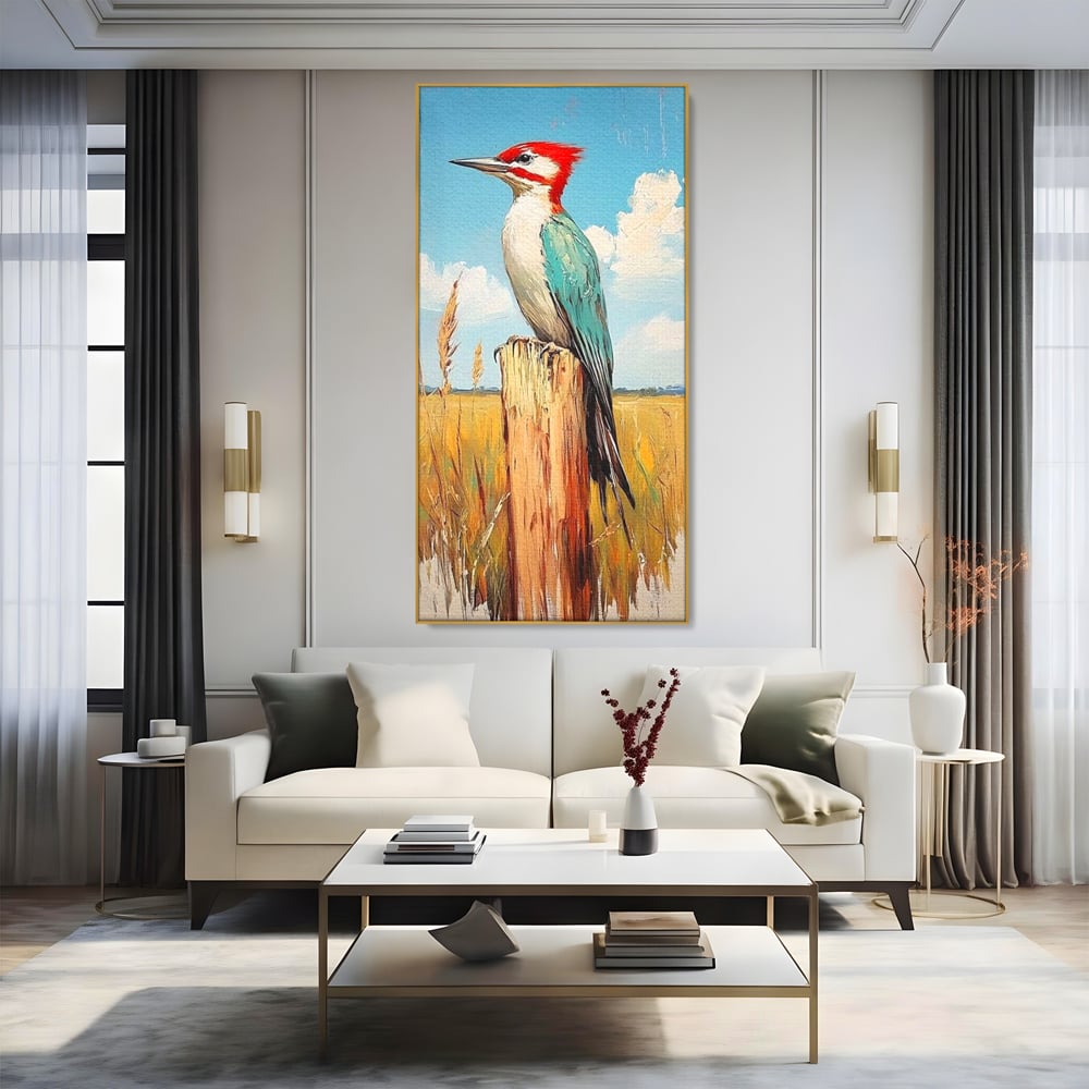 Tablou canvas cu tablou cu ciocanitoare pe un stalp, in rama de aluminiu auriu, pe perete intr-un living